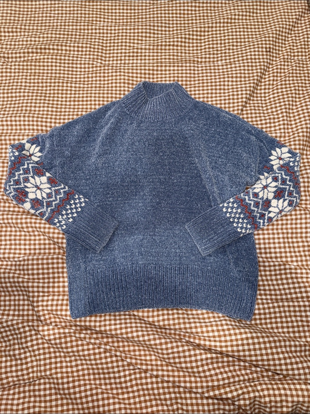 Christian Siriano Blue Mock Neck Sweater with Fair Isle Sleeve Detail